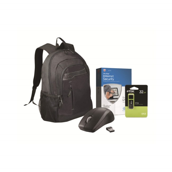 Back to School Essential Bundle 15.6" Bag Mouse 32GB Flash Drive and 1Yr McAfee Internet Security