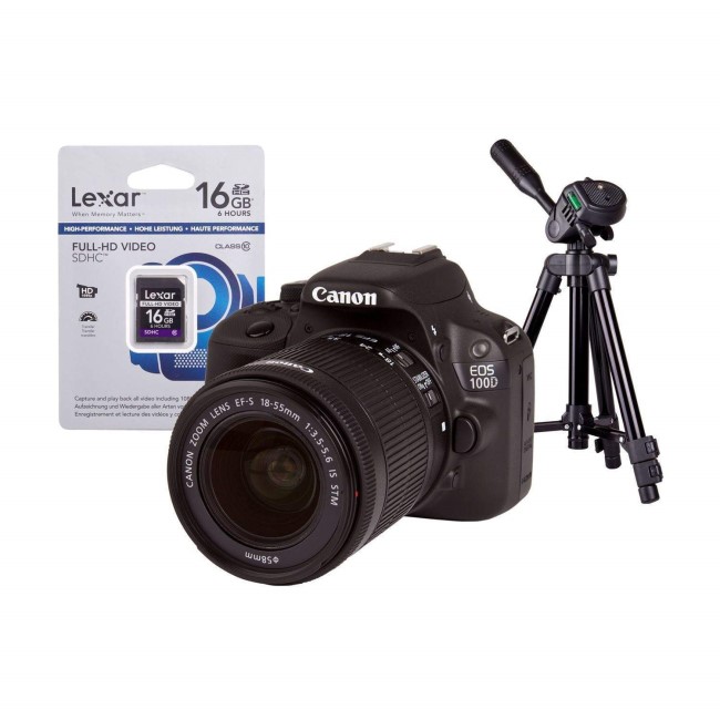 Canon EOS 100D DSLR Camera + EF-S 18-55mm IS Lens + 16GB SD Card + Desktop Tripod