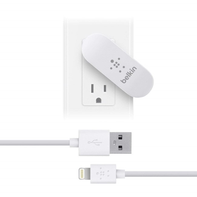 Belkin Dual USB AC Wall charger with Lightning Connector - MFI Certified cable 1amp for Apple iPhone in White