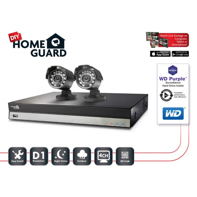 GRADE A2 - HomeGuard DIY 1TB 4 Channel CCTV Security Kit with 2x 480TVL Cameras
