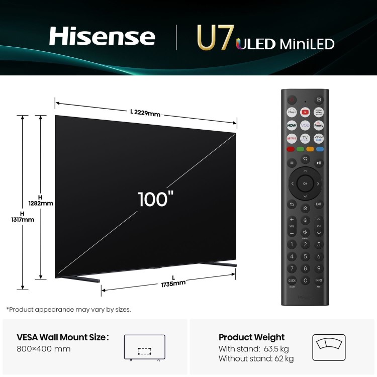 Hisense U7QTUK 100 inch Smart 4K Ultra HD Mini-LED TV