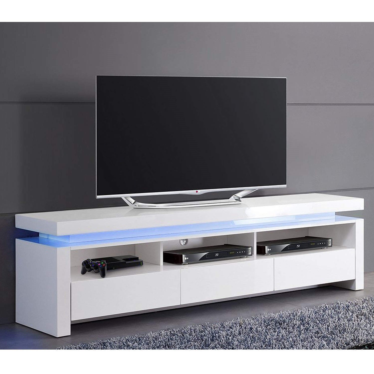 Evoque Led Tv Unit In White High Gloss With 3 Touch Open Drawers