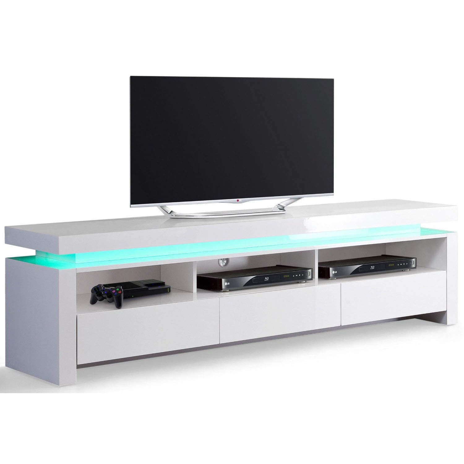 Evoque Led Tv Unit In White High Gloss With 3 Touch Open Drawers