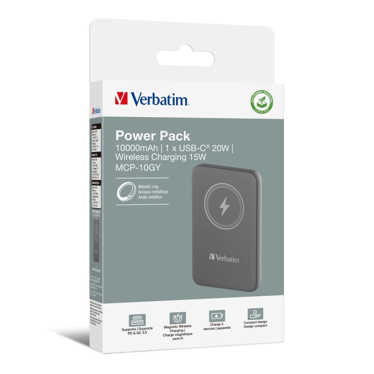 Verbatim Charge ´n´ Go 10000mAh Magnetic Wireless Power Bank Grey