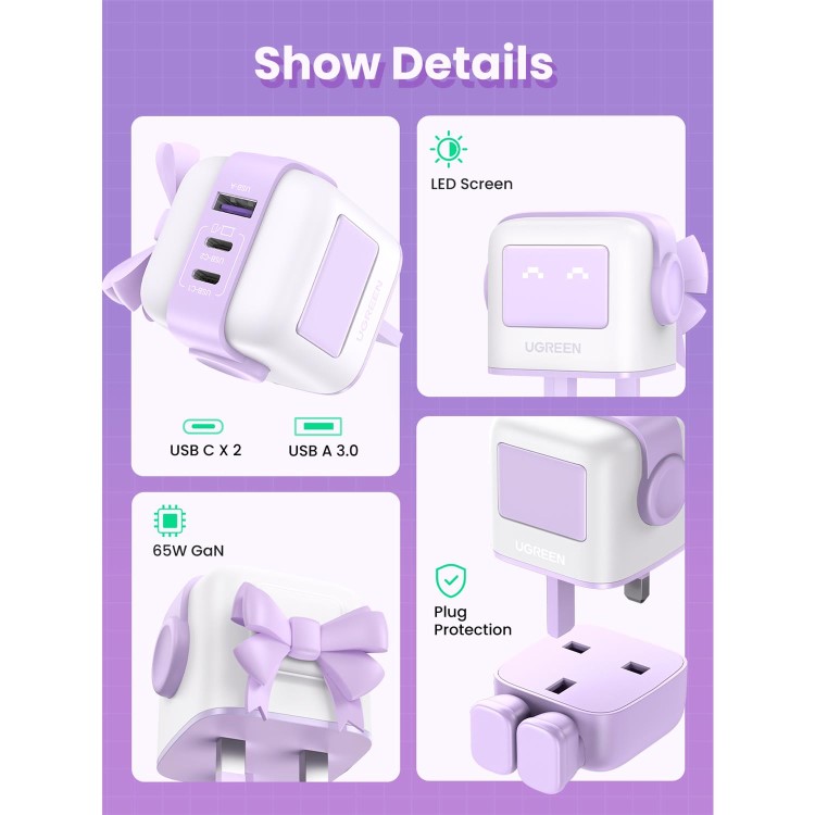 UGREEN Uno 65W 3-Port GaN Charger - Pink