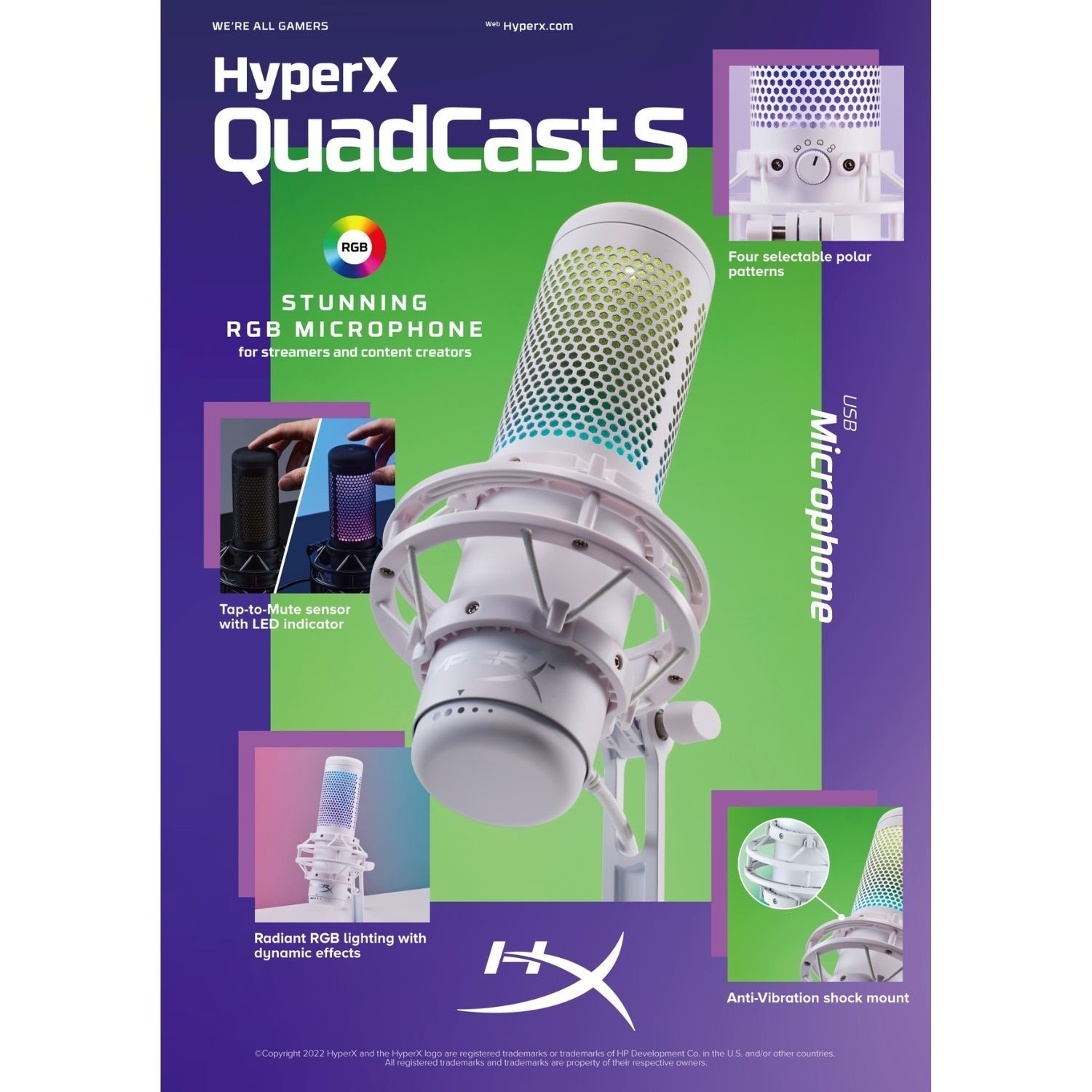 HyperX QuadCast ホワイト USBマイク QuadCast S – USBコンデンサーゲーミングマイク