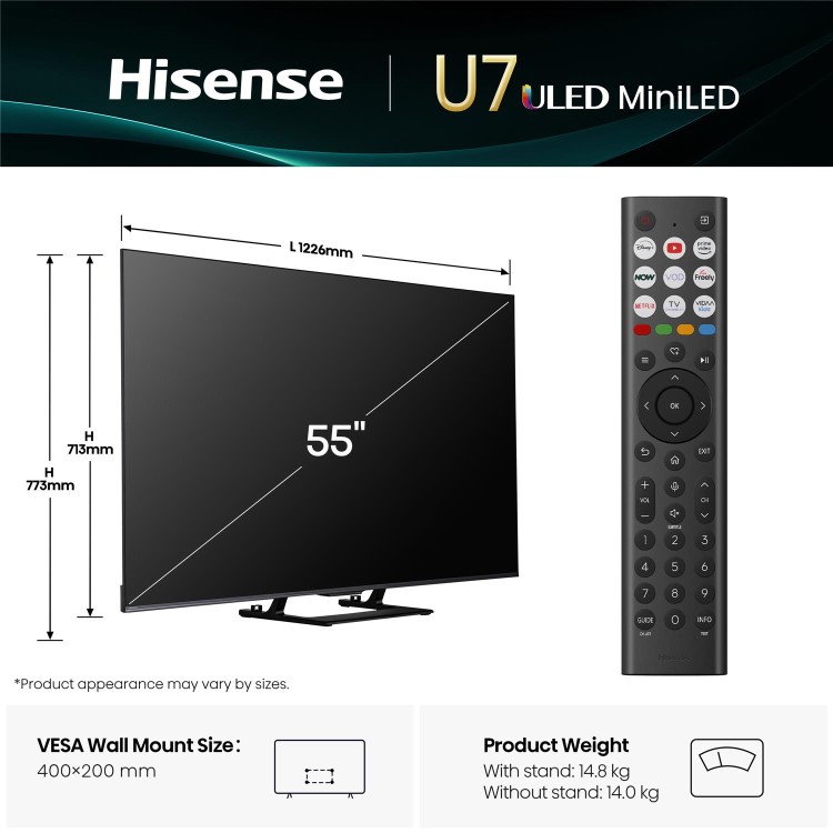 Hisense U7QTUK 55 inch Smart 4K Ultra HD Mini-LED TV