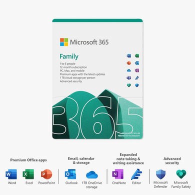 Microsoft Office 365 Family 1 Year 6 User Subscription - Digital Download