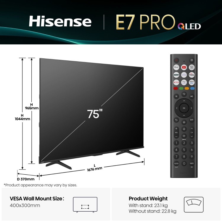 Hisense E78QTUK PRO 75 inch Smart 4K Ultra HD QLED TV