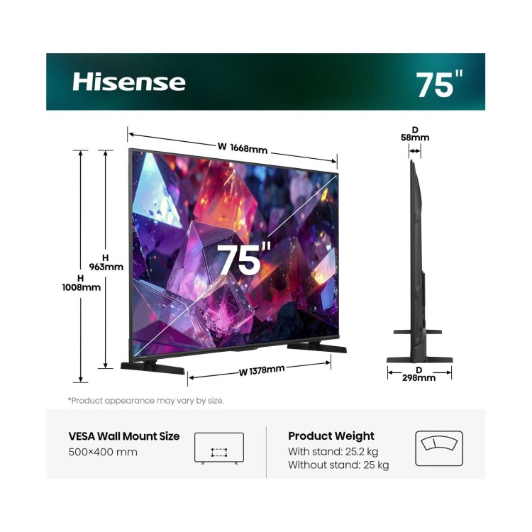 Hisense 75E7STUK PRO 75 Inch 4K Ultra HD Smart TV – Dolby Vision HDR10+ Hi-QLED 144Hz VRR Gaming Google TV