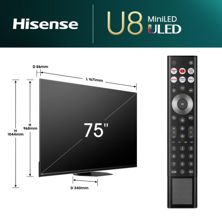 Hisense U8NQTUK 75 inch Smart 4K Ultra HD Mini-LED TV