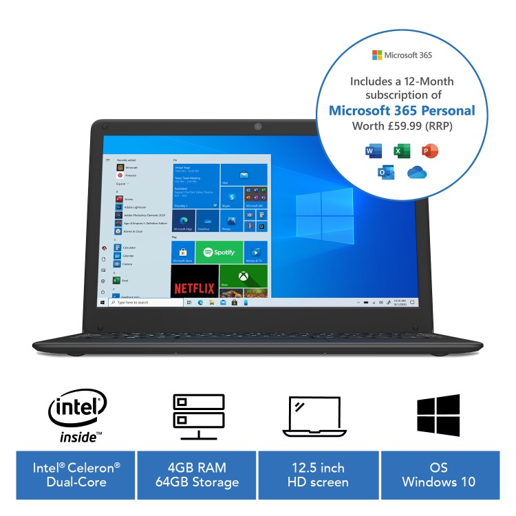Coda Laptop Celeron N3450 4GB 64GB eMMC 12.5 Inch Windows 10 Includes Office 365