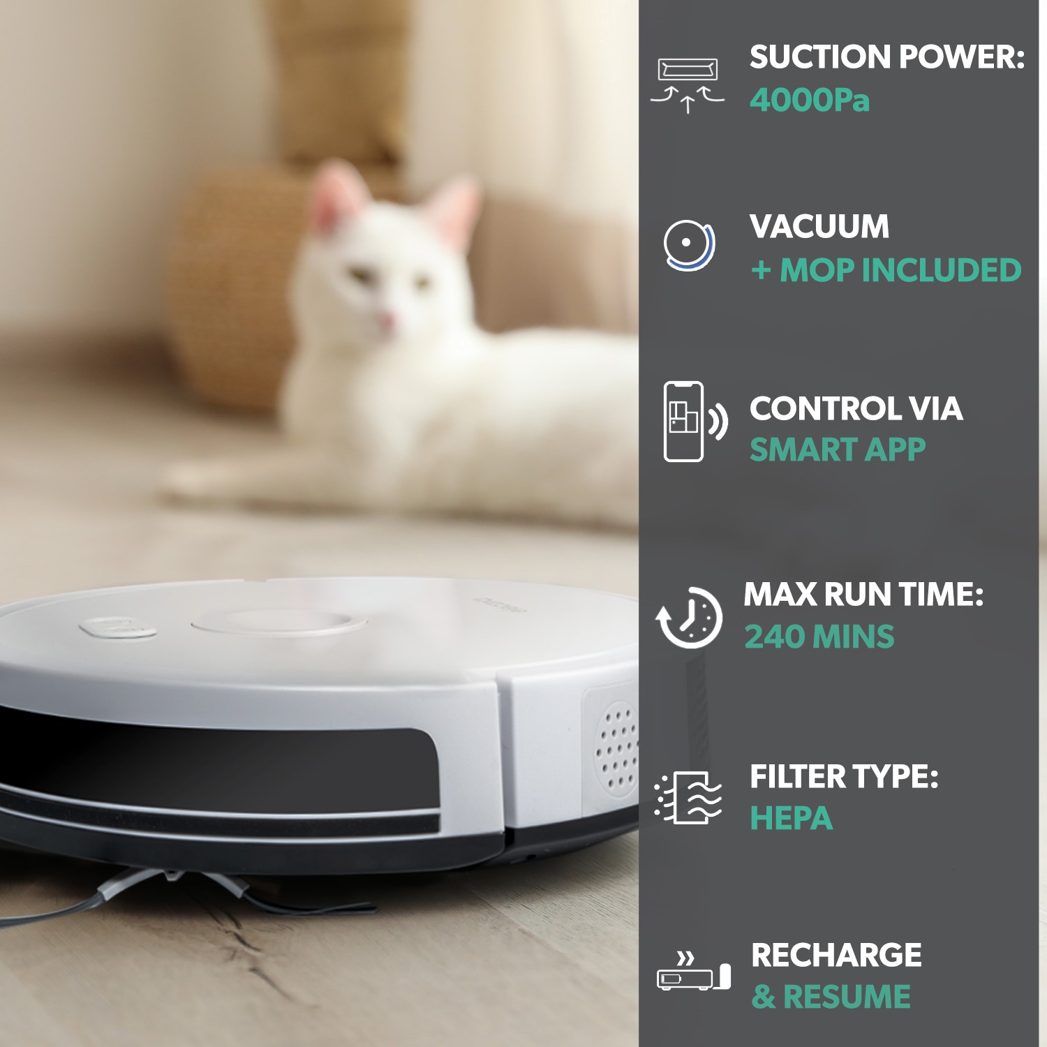 electriQ TONY Robotic Vacuum Cleaner and Mop 4000Pa Suction White Laptops Direct