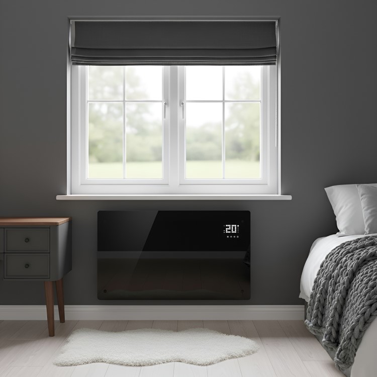 electriQ 2500W Smart Designer Glass Panel Convection Heater - Wall Mountable & Bathroom Safe - Black