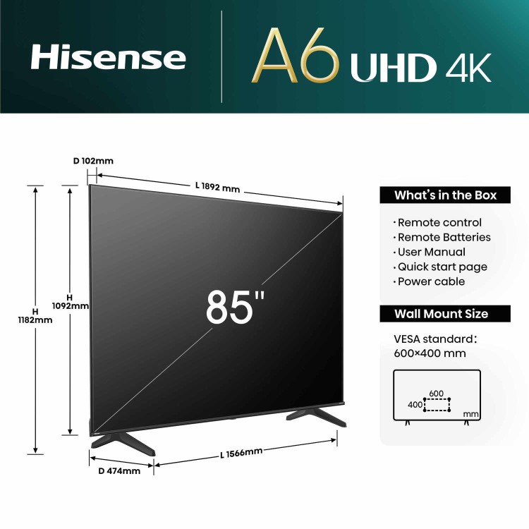 Hisense A6N 85 inch Smart 4K Ultra HD LED TV
