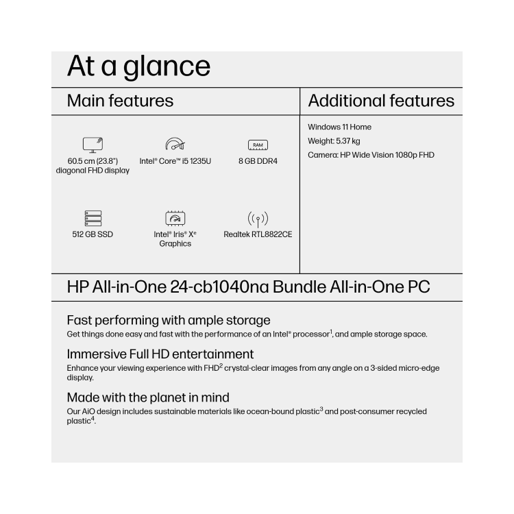 HP 24-cb1040na Intel Core i5 1235U 8GB RAM 512GB SSD 23.8 Inch Windows 11 All-in-One PC
