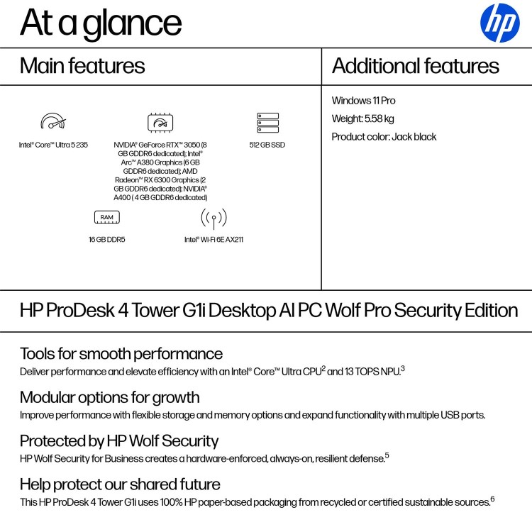 ProDesk 4 Tower G1i Desktop AI PC  Wolf Pro Security Edition, Windows 11 Pro, Intel Core™ Ultra 5, 16GB RAM, 512GB SSD
