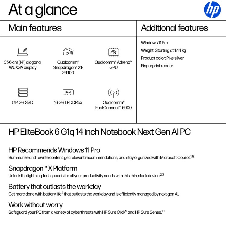 EliteBook 6 G1q 14 inch Notebook Next Gen AI PC, 14", Windows 11 Pro, Qualcomm Snapdragon, 16GB RAM, 512GB SSD, WUXGA