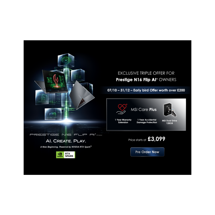 MSI Prestige N16 Flip AI+ C1XMT-044UKY 32GB RAM 1TB SSD NVIDIA RTX Spark N1X 120Hz 16 Inch Windows 11 Laptop
