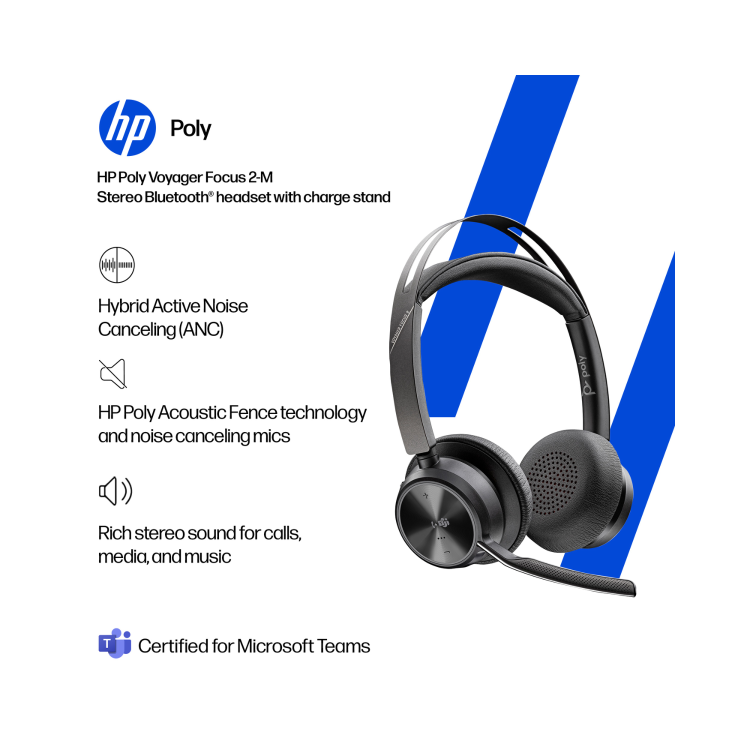 HP Poly Voyager Focus 2 On Ear Bluetooth Wireless Headset with Charging Stand