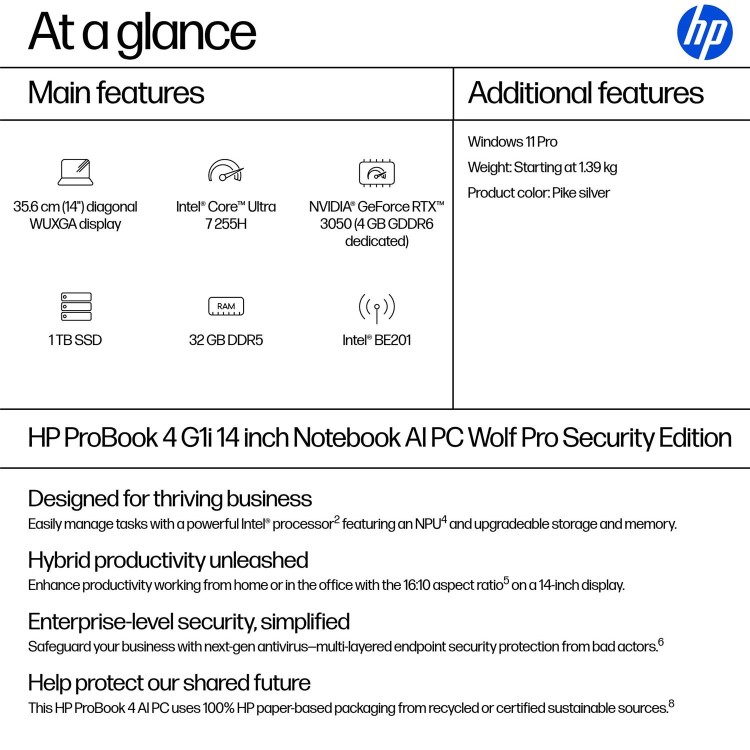 Refurbished ProBook 4 G1i 14 inch Notebook AI PC  Wolf Pro Security Edition 14" Windows 11 Pro Intel Core Ultra 7 32GB RAM 1TB SSD WUXGA