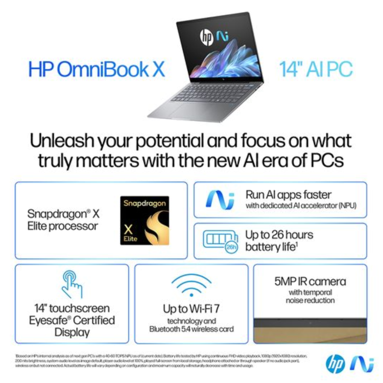 Refurbished HP OmniBook X 14-fe0500na Copilot+ PC SnapDragon X1E-78-100 16GB RAM 512GB SSD 14 Inch Windows 11 Touchscreen Laptop - Silver