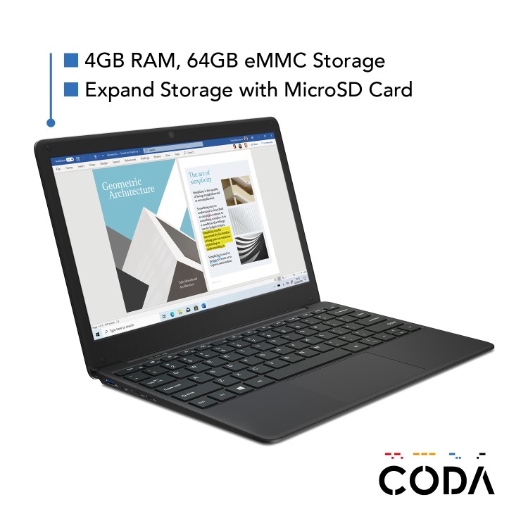 Coda Laptop Celeron N3450 4GB 64GB eMMC 12.5 Inch Windows 10 Includes Office 365