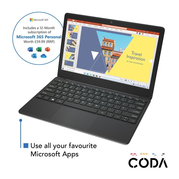 Coda Laptop Celeron N3450 4GB 64GB eMMC 12.5 Inch Windows 10 Includes Office 365