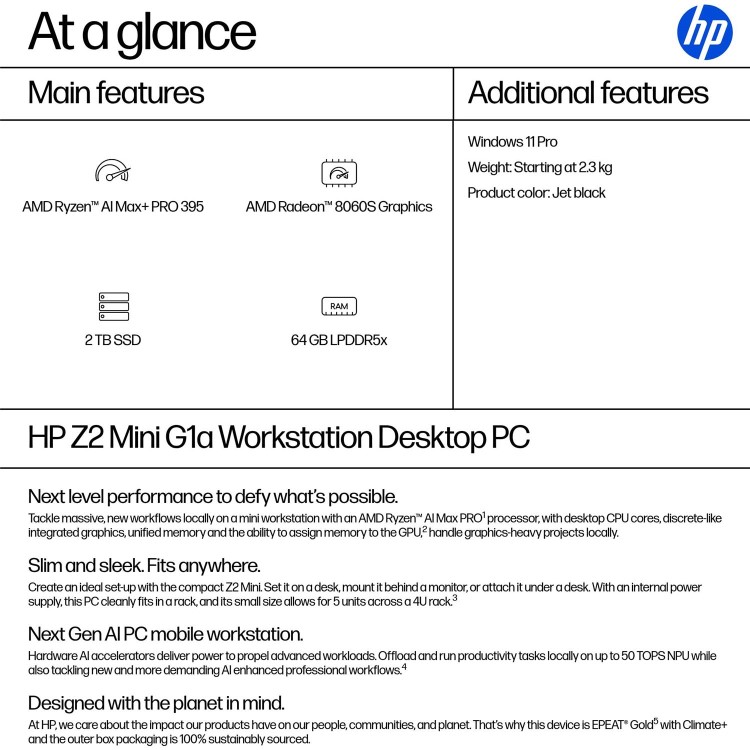 HP Z2 G1a AI AMD Ryzen AI Max+ PRO 395 64GB RAM 2TB SSD Windows 11 Pro Workstation PC