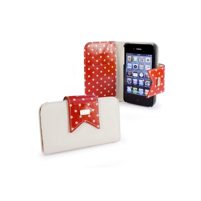 TLC Polka-Hot faux leather purse for Apple iPhone 4S / 4 / 4G - red / white - Free Screen Protector
