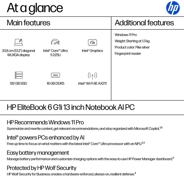 EliteBook 6 G1i 13 inch Notebook AI PC, 13.3", Windows 11 Pro, Intel Core™ Ultra 5, 16GB RAM, 512GB SSD, WUXGA