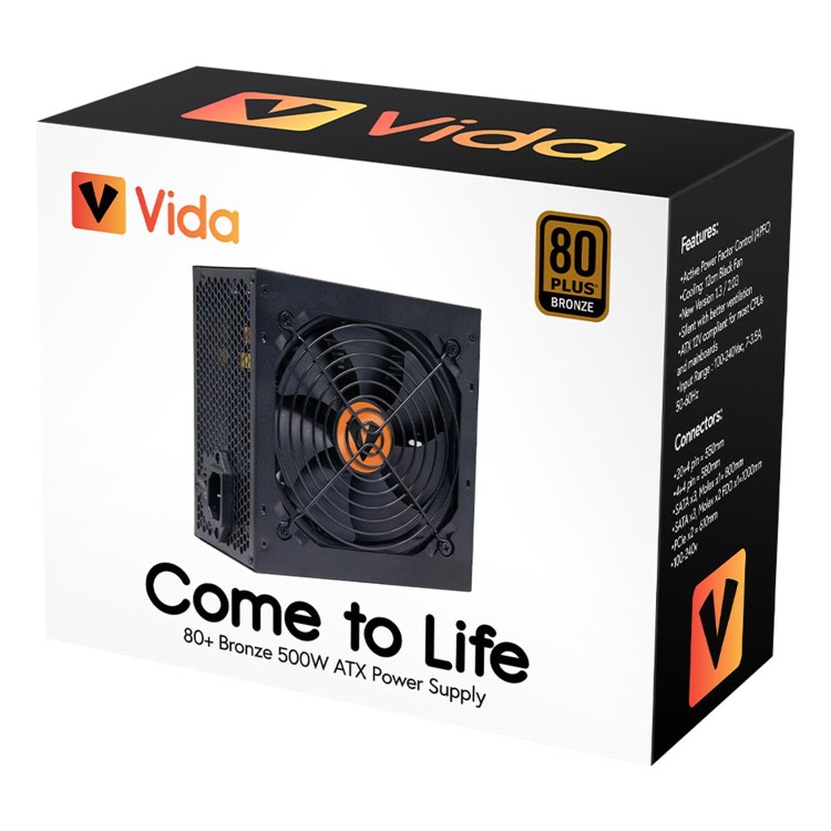 VIDA 500W ATX 80+ BRONZE BLACK PSU, 12CM SILENT FAN APFC RTB