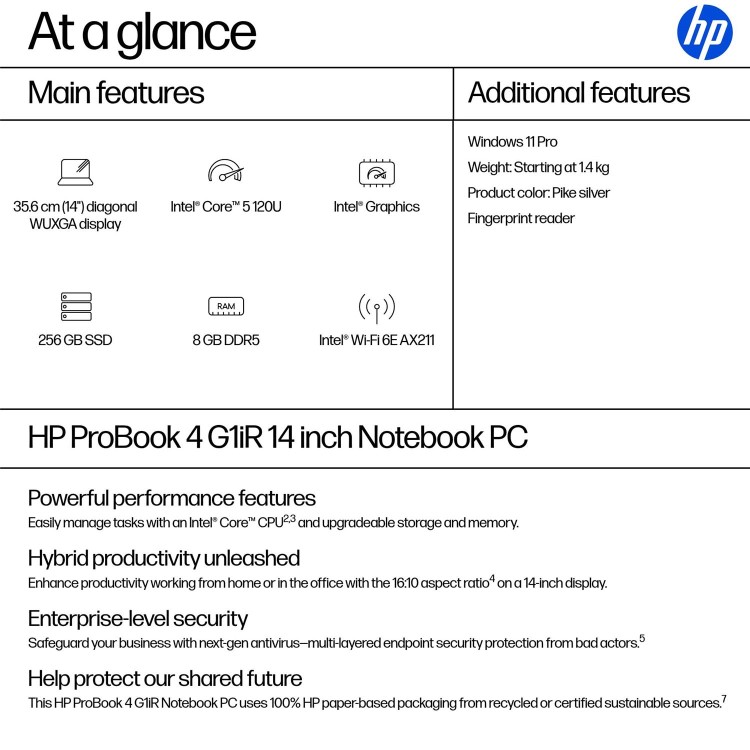 HP ProBook 4 G1iR Intel Core 5 120U 8GB RAM 256GB SSD 14 Inch Windows 11 Pro Laptop