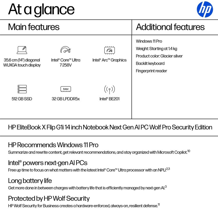 EliteBook X Flip G1i 14 inch Notebook Next Gen AI PC Wolf Pro Security Edition, 14", Touch screen, Windows 11 Pro, Intel Core™ Ultra 7, 32GB RAM, 512GB SSD, WUXGA