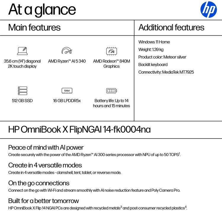 HP OmniBook X FlipNGAI 14-fk0004na Copilot+ PC AMD Ryzen AI 5 16GB RAM 512GB SSD 14 Inch Windows 11 Touchscreen Laptop