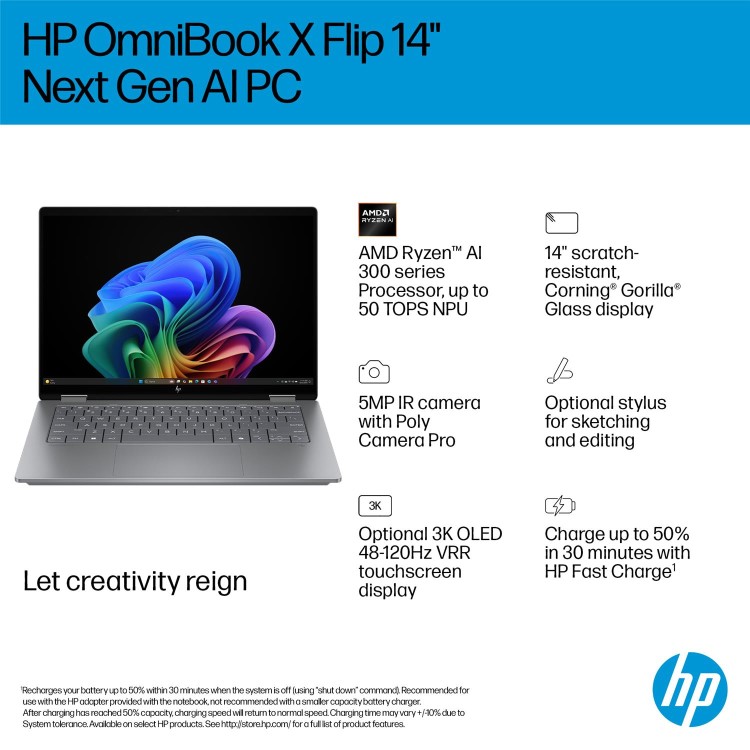 HP OmniBook X FlipNGAI 14-fk0004na Copilot+ PC AMD Ryzen AI 5 16GB RAM 512GB SSD 14 Inch Windows 11 Touchscreen Laptop