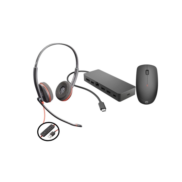 HP USB-C Multiport Hub and Wireless Mouse Combo with Poly Blackwire 3220 USB Headset