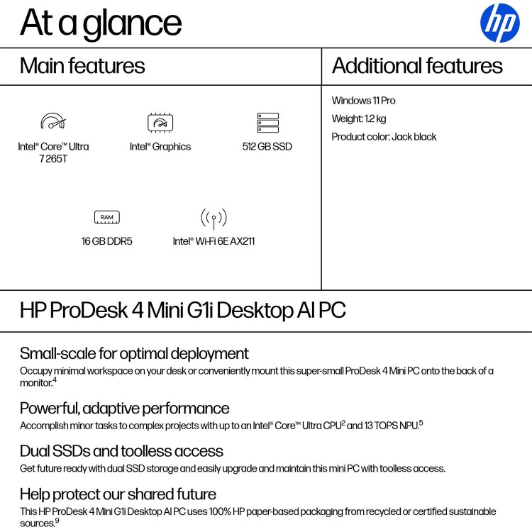 ProDesk 4 Mini G1i Desktop AI PC, Windows 11 Pro, Intel Core™ Ultra 7, 16GB RAM, 512GB SSD