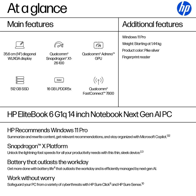 HP EliteBook 6 G1q Next Gen AI Qualcomm Snapdragon X 16GB RAM 512GB SSD 14 Inch Windows 11 Pro Copilot+ Laptop
