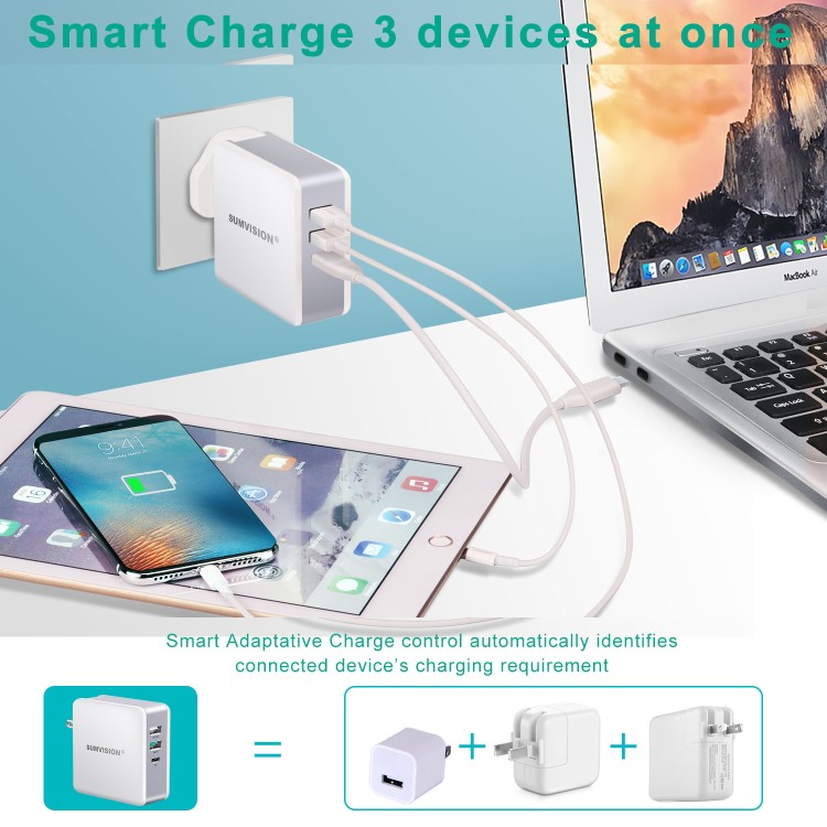 Compatible Apple 3Port USB 65W Type C PD Charger 