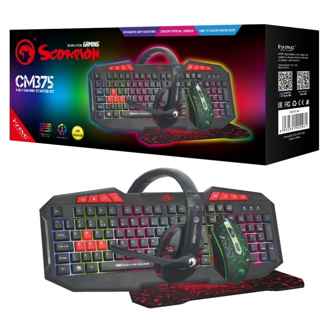 Box Opened Scorpion CM375 Keyboard Mouse Headset and mouse matt 4-in-1 Gaming Starter Kit