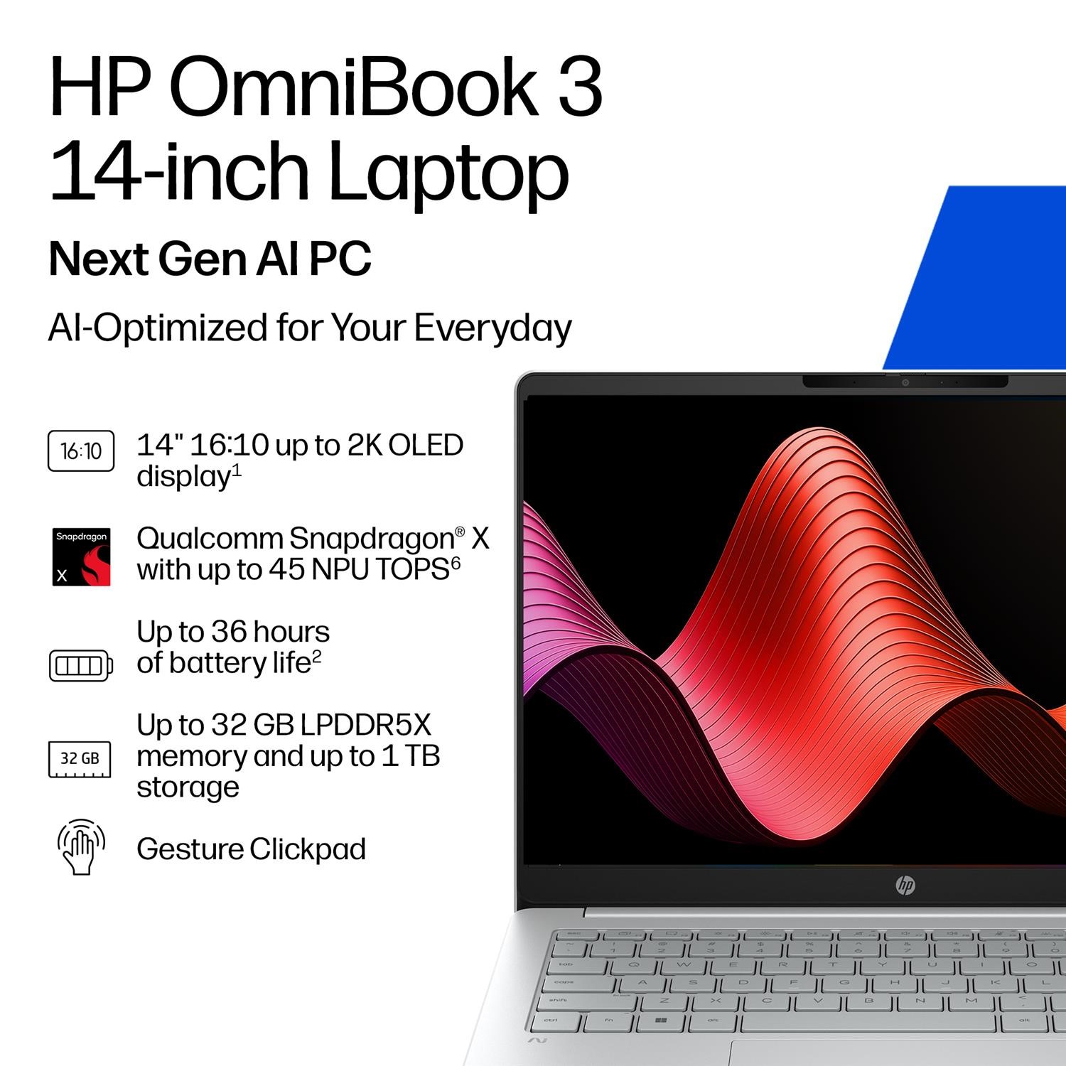 HP OmniBook 3 Qualcomm Snapdragon X RAM 256GB SSD 14 Inch Windows 11 Home Laptop