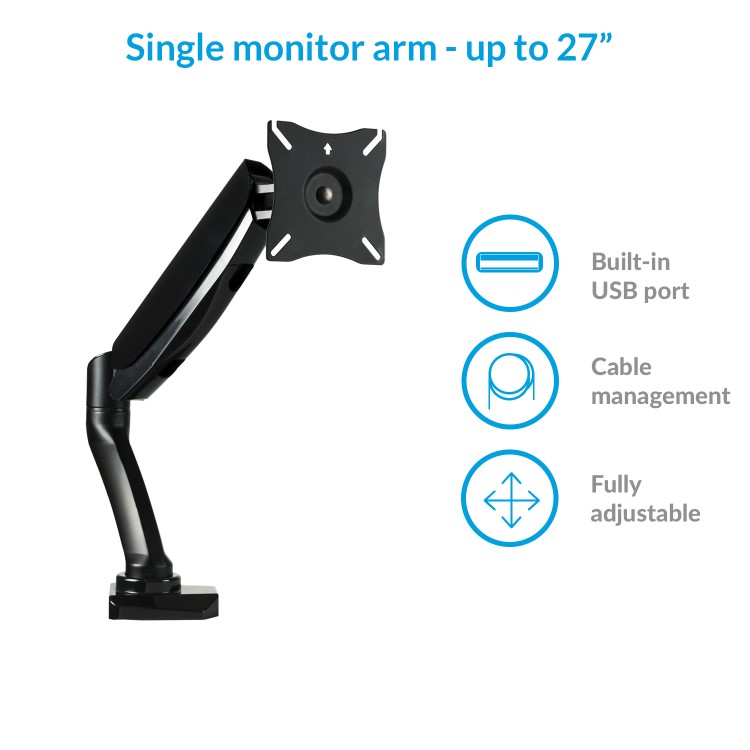 electriQ Single Monitor Arm with USB Ports for monitors up to 27 Inch