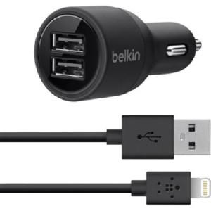 Belkin Dual USB Car charger with Lightning Connector - MFI Certified cable 2.1amp for Apple iPhone and iPad in Black