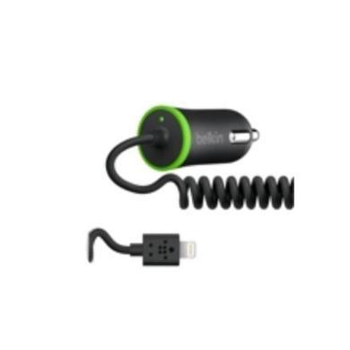 Belkin Micro Car Charger 2.1 Amp with Coiled Wired Lightning Cable for Apple iPhone/ iPad in Black