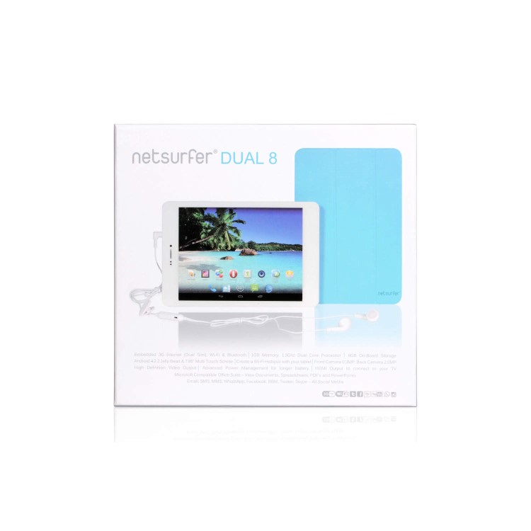 FMT Netsurfer Dual 8 1GB 8GB 7.85 inch Android 4.2.2 Jelly Bean Tablet with Leather Pouch Earphones & 500MB Three 3G Data Sim