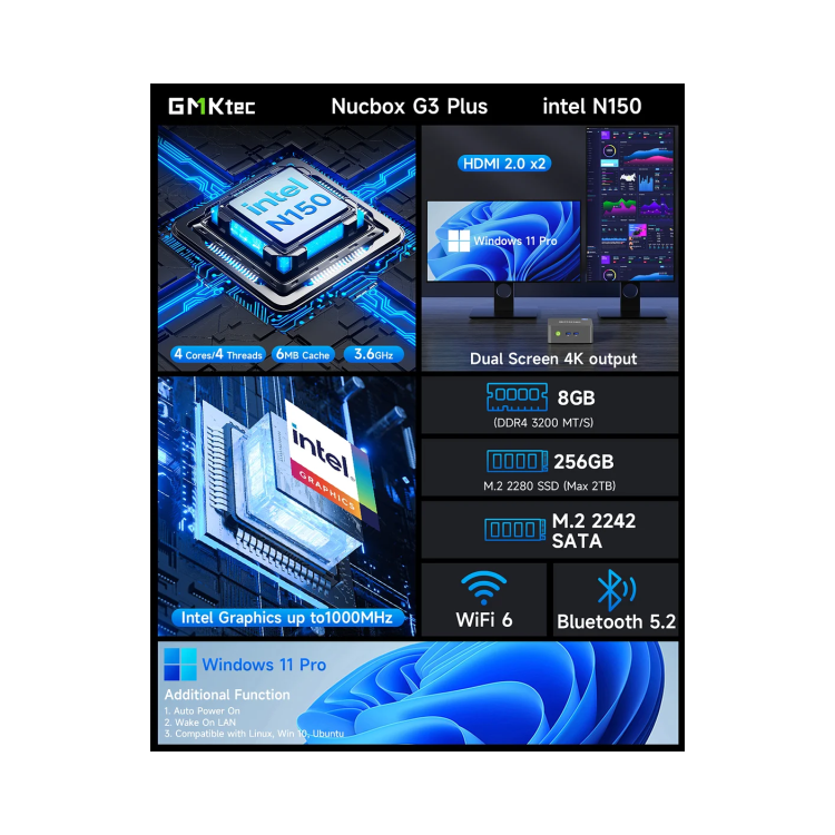 GMKTec NucBox G3 Plus Intel N150 16GB RAM 512GB SSD Windows 11 Pro Mini PC