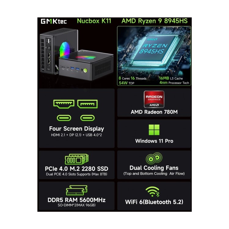 GMKTec NucBox K11 AMD Ryzen 9 8945HS 16GB RAM 1TB SSD Windows 11 Pro Desktop PC