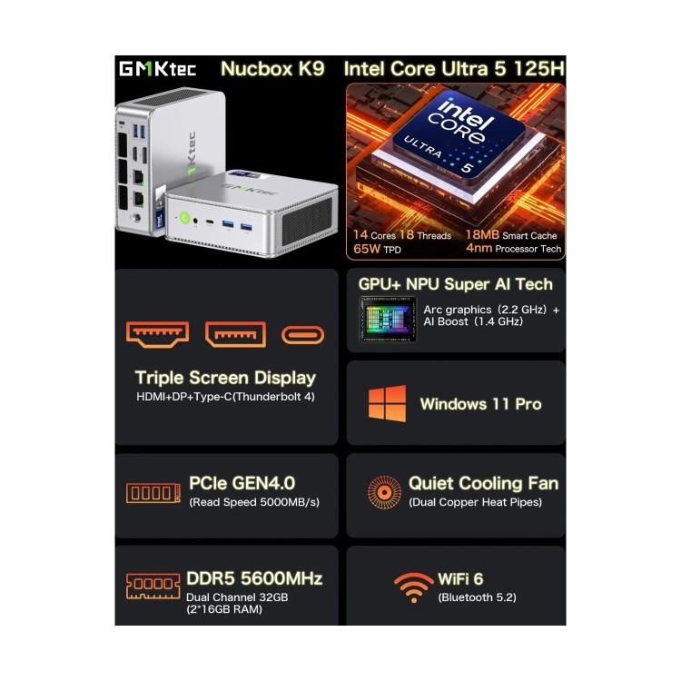 GMKTec NucBox K9 Intel Ultra 5 125H 16GB RAM 1TB SSD Windows 11 Pro Desktop PC