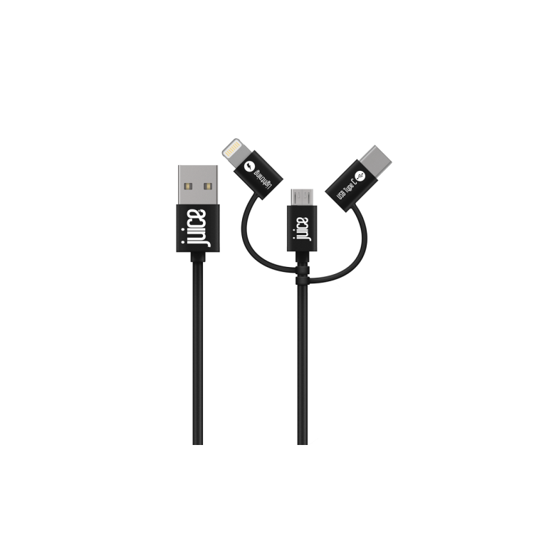 Juice 2M 3 in 1 Cable - Mico-Usb Type-C and Lightning - Black